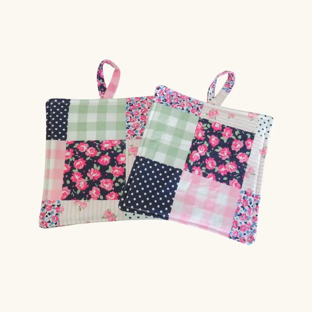 Handmade Potholder, Set of 2, Reversible Patchwork and Floral Hot Pads